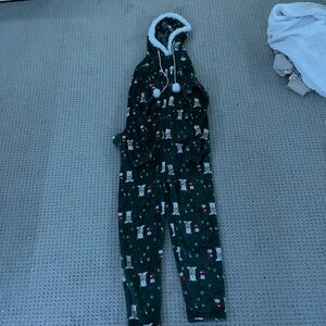 Green Hooded Onesie with Bear Print